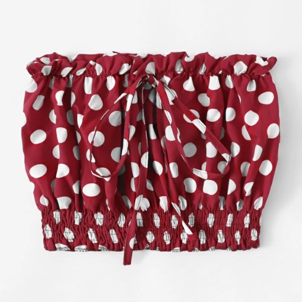 💋Red W/White Polkadots Ruffle Trim Drawstring Tie Bow Crop Tube Top